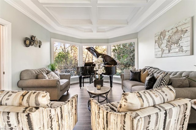 living room featuring beam ceiling, hardwood / wood-style floors, coffered ceiling, and ornamental molding