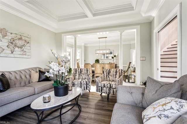 living room with beam ceiling, coffered ceiling, dark hardwood / wood-style floors, decorative columns, and ornamental molding