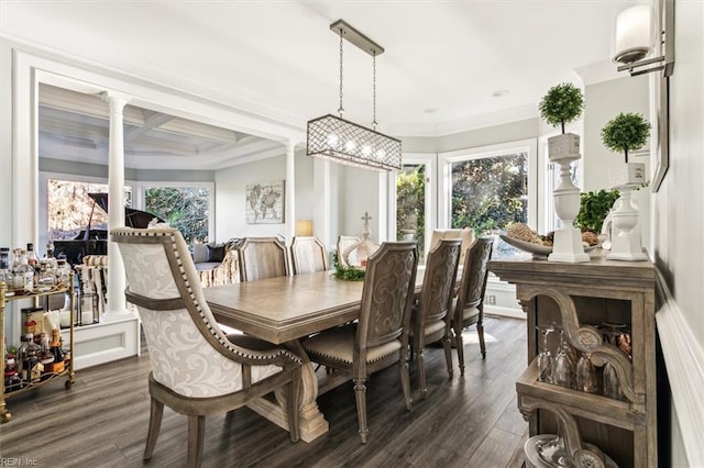 dining space with ornate columns, a wealth of natural light, crown molding, and dark wood-type flooring