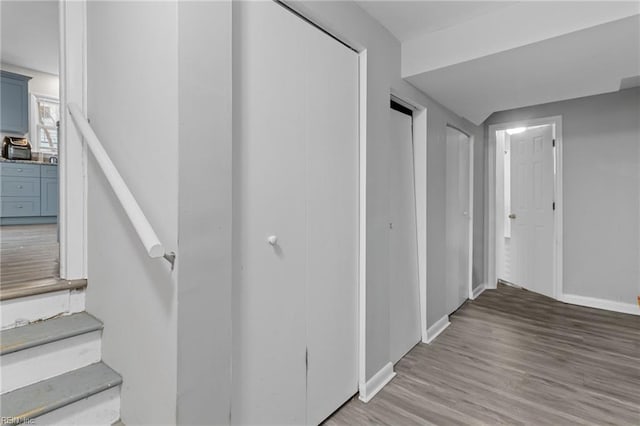 stairway with hardwood / wood-style floors