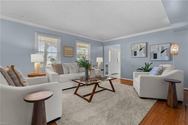 living room featuring light hardwood / wood-style floors, ornamental molding, and a textured ceiling