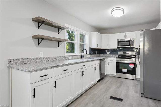 kitchen featuring backsplash, white cabinets, sink, light hardwood / wood-style floors, and stainless steel appliances