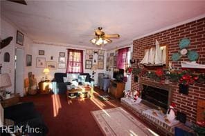 living room with brick wall