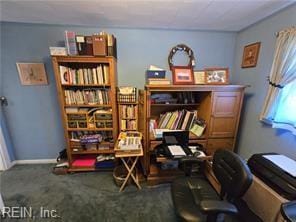 sitting room featuring dark carpet