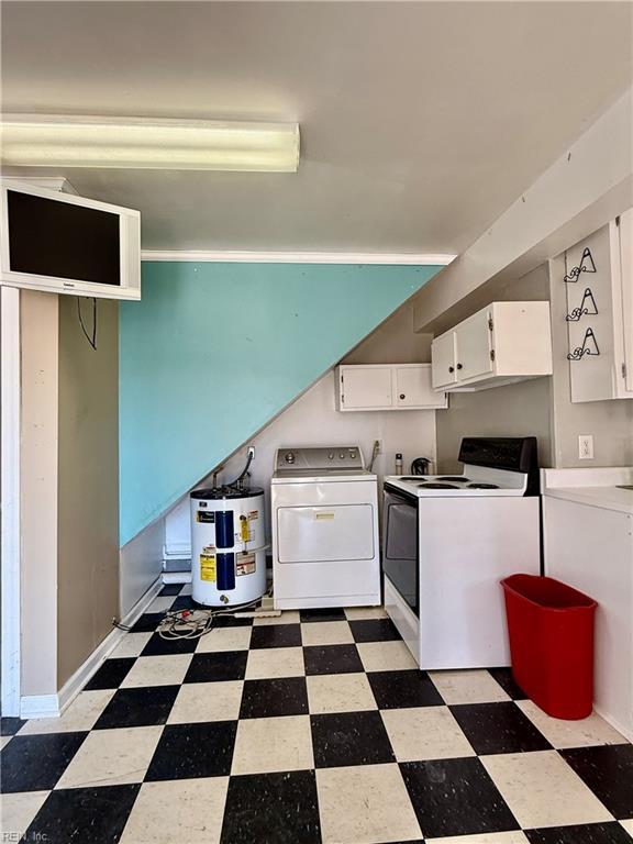 kitchen with white cabinets, electric water heater, washer and clothes dryer, and electric stove