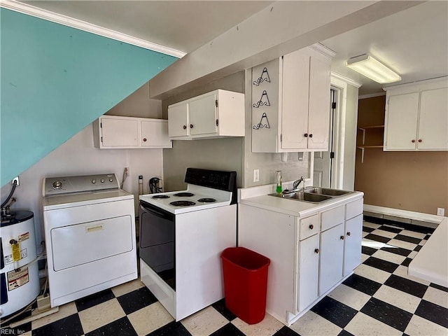 kitchen with electric range, washer / clothes dryer, white cabinetry, and sink