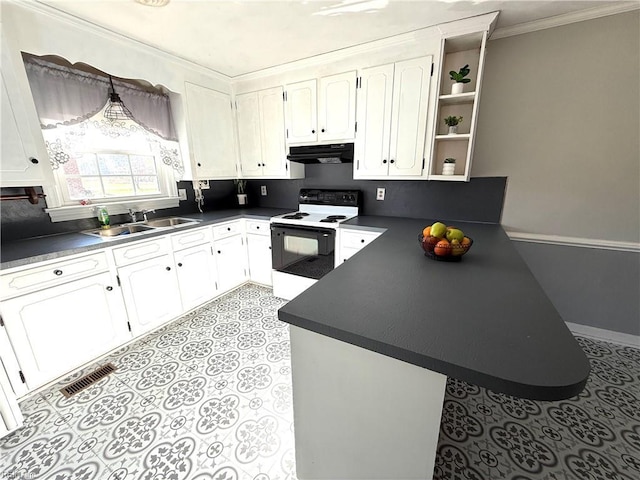 kitchen with kitchen peninsula, extractor fan, sink, electric stove, and white cabinetry