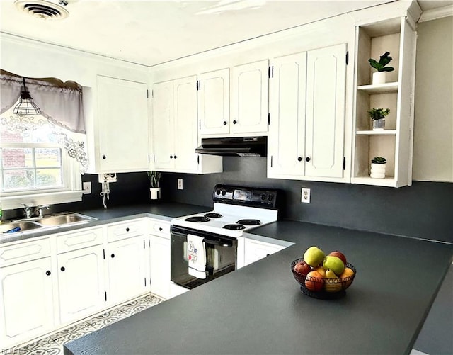 kitchen with white cabinetry, white electric stove, ornamental molding, and sink