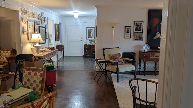 interior space with crown molding and dark parquet floors