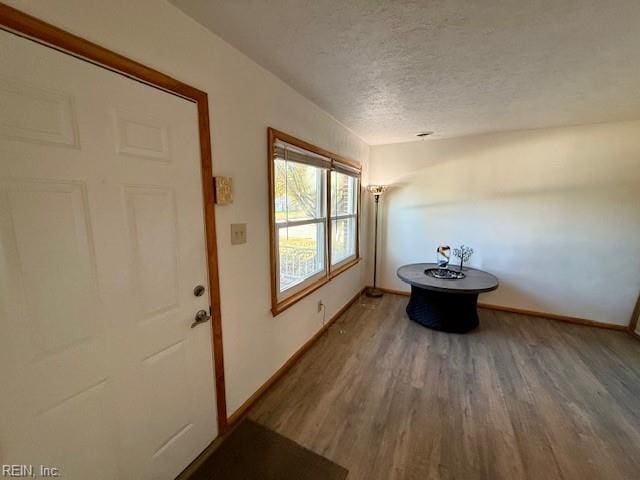 entryway with wood-type flooring and a textured ceiling