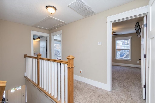 corridor featuring light colored carpet