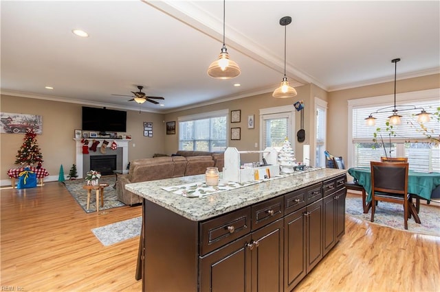 kitchen featuring ceiling fan, light hardwood / wood-style flooring, pendant lighting, dark brown cabinets, and ornamental molding