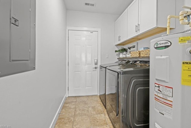 clothes washing area with washing machine and clothes dryer, electric panel, electric water heater, and cabinets