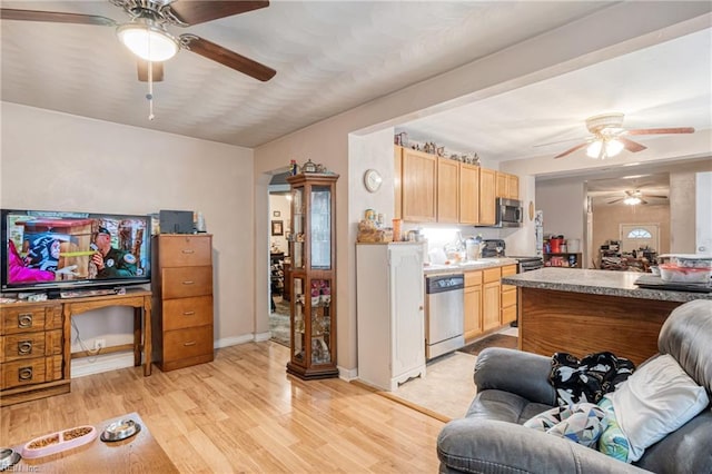 kitchen with appliances with stainless steel finishes, light brown cabinets, and light hardwood / wood-style flooring