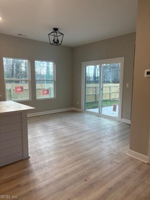 unfurnished dining area featuring baseboards, a healthy amount of sunlight, and light wood finished floors