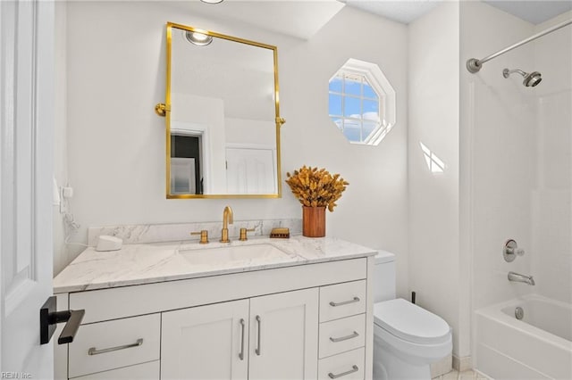 full bathroom with vanity,  shower combination, and toilet