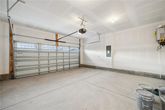 garage with electric panel and a garage door opener