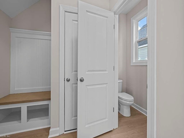 bathroom with hardwood / wood-style floors and toilet