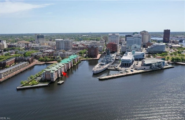 drone / aerial view featuring a water view