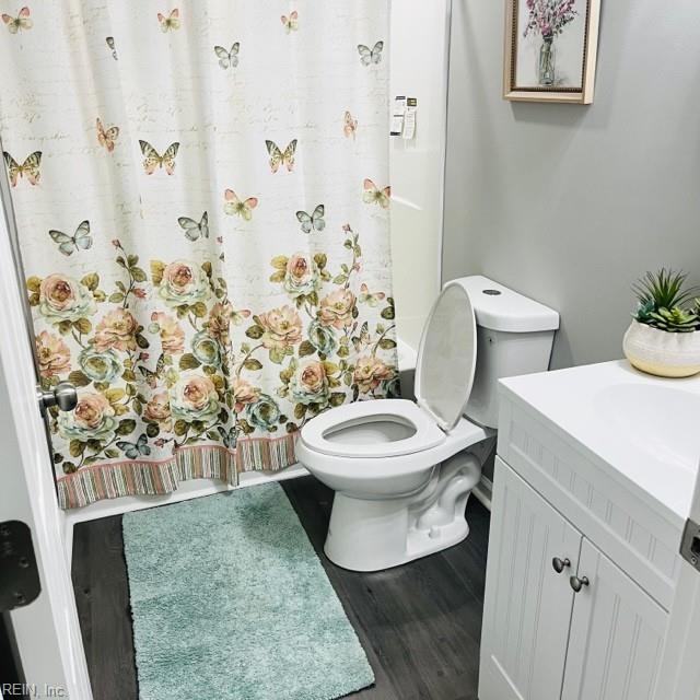 bathroom with vanity, hardwood / wood-style flooring, and toilet