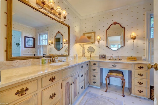 bathroom featuring vanity, tile patterned floors, and ornamental molding