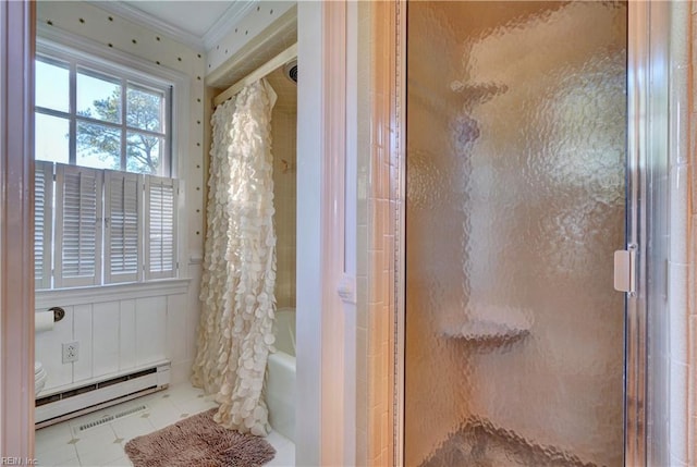 bathroom featuring shower / bath combo with shower curtain, ornamental molding, and a baseboard heating unit