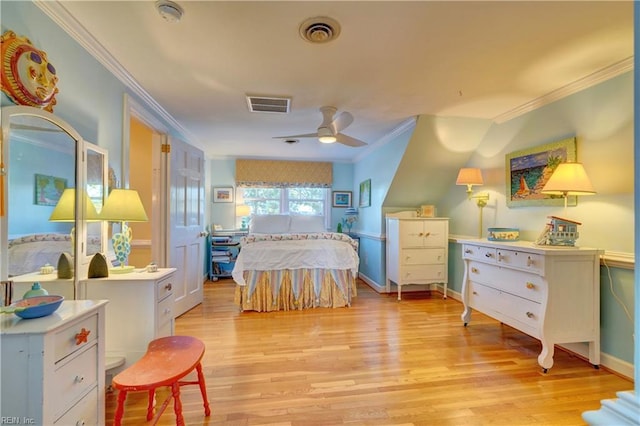 bedroom featuring ceiling fan, light hardwood / wood-style floors, and ornamental molding