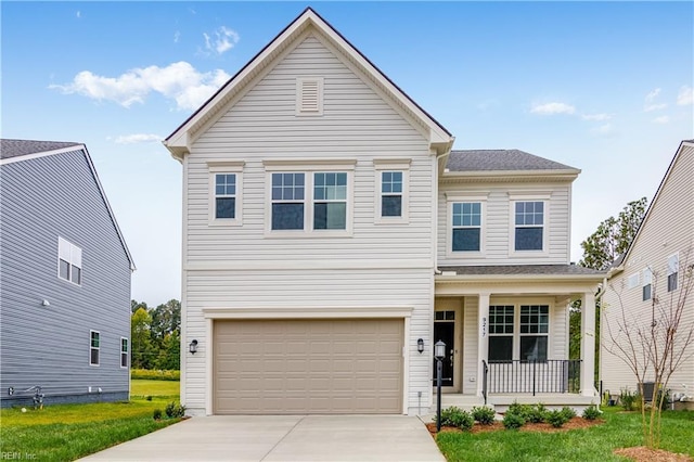 view of property featuring a front yard, a porch, and a garage