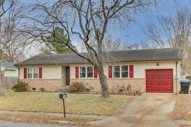 single story home featuring a front yard and a garage