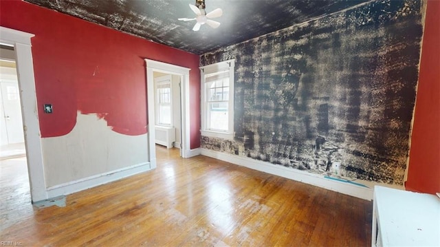 empty room featuring ceiling fan, radiator heating unit, and hardwood / wood-style flooring