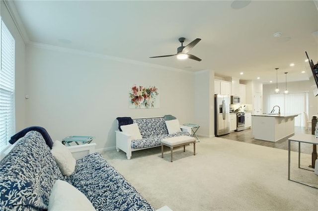 carpeted living room with ceiling fan, sink, and crown molding