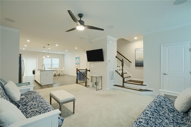 living room with light carpet, ceiling fan, ornamental molding, and sink