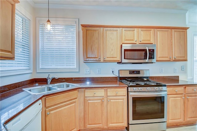 kitchen featuring pendant lighting, stainless steel appliances, crown molding, and sink