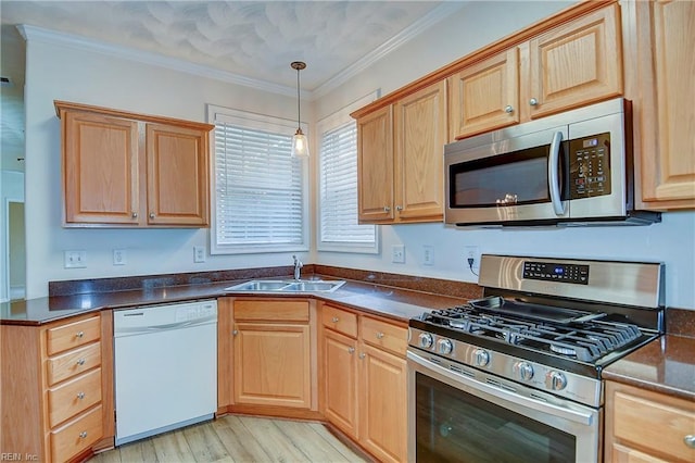 kitchen featuring light wood-type flooring, ornamental molding, sink, and appliances with stainless steel finishes