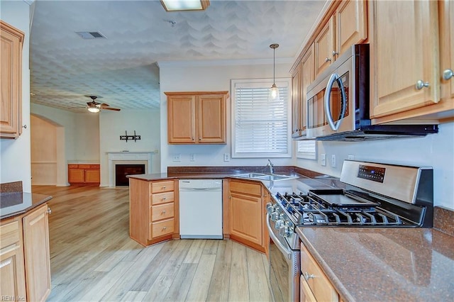 kitchen with decorative light fixtures, light wood-type flooring, stainless steel appliances, and ceiling fan