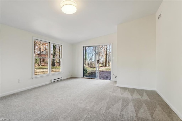 unfurnished room featuring carpet flooring, lofted ceiling, and baseboard heating