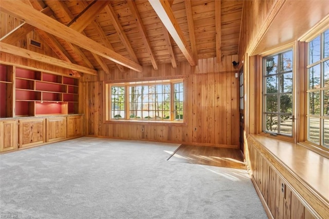 interior space featuring wooden walls, light colored carpet, and a healthy amount of sunlight