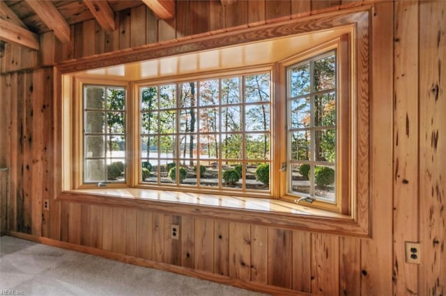 room details featuring beam ceiling, carpet floors, and wooden walls