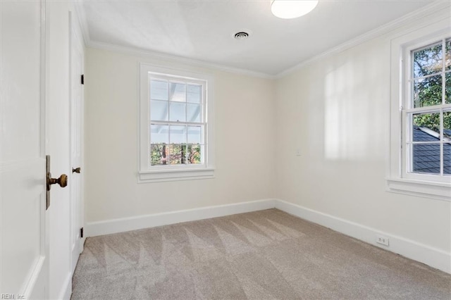 spare room with light carpet and crown molding