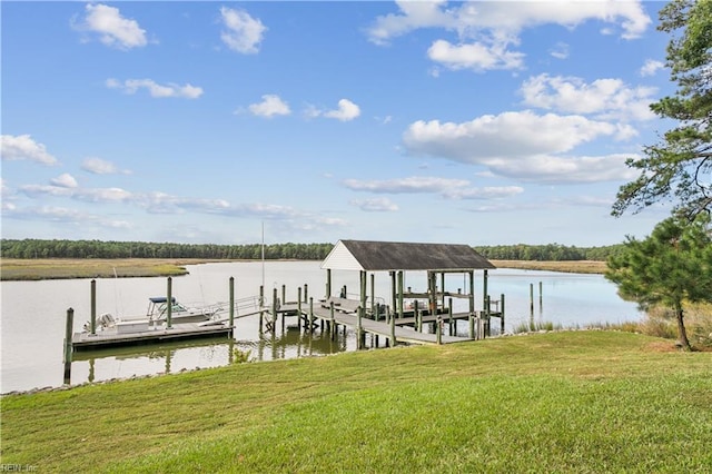 dock area featuring a yard and a water view