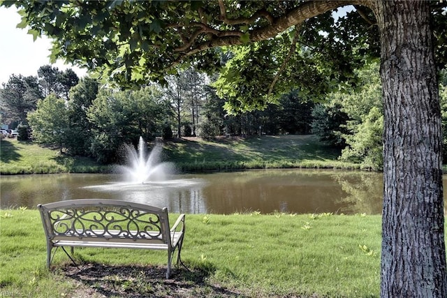 view of property's community with a lawn and a water view