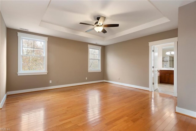 unfurnished room featuring a healthy amount of sunlight, a raised ceiling, and light wood-type flooring