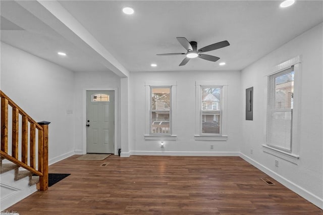 foyer featuring dark hardwood / wood-style floors and ceiling fan