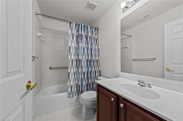 full bathroom with tile patterned floors, vanity, shower / bath combination with curtain, and toilet