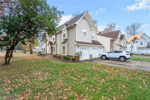 view of property exterior with a lawn and a garage