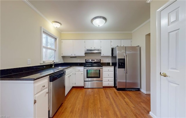 kitchen with white cabinets, sink, crown molding, light wood-type flooring, and stainless steel appliances