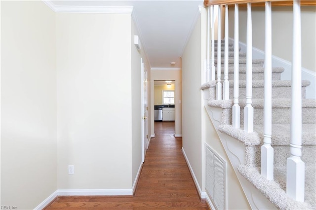 hallway featuring wood-type flooring and crown molding