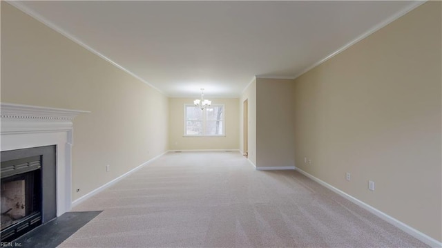 unfurnished living room featuring light colored carpet, crown molding, and a notable chandelier