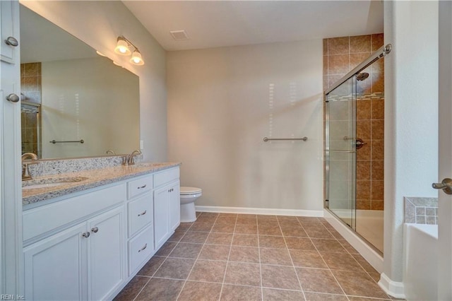 full bathroom with separate shower and tub, tile patterned floors, and toilet