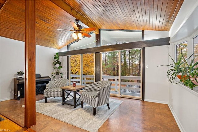 interior space with lofted ceiling with beams, ceiling fan, and wooden ceiling